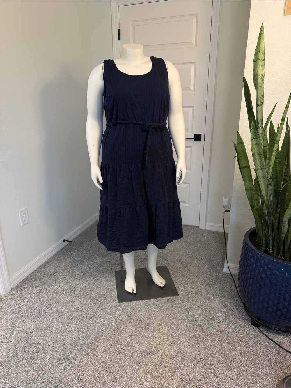 Talbots Navy Sleeveless Tiered Midi Dress with Tie Waist